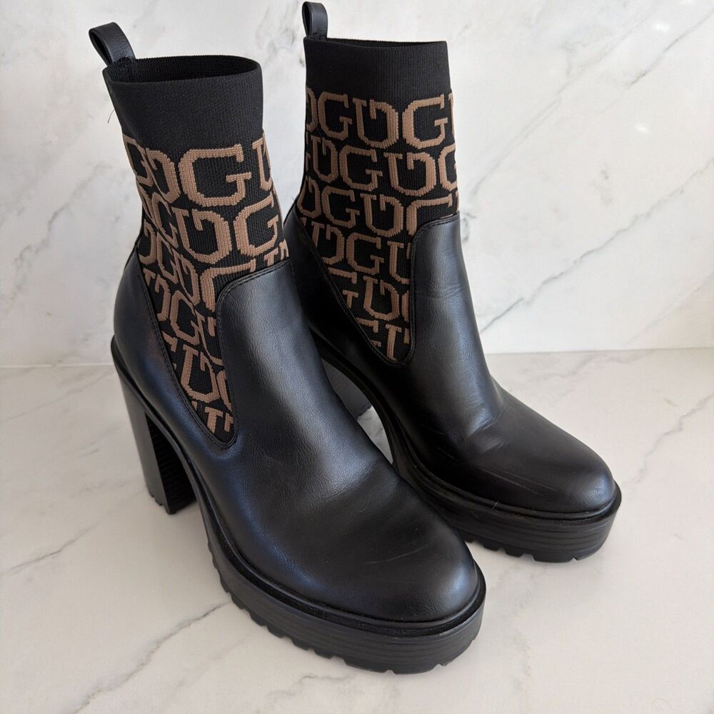 GUESS Sures Knit Logo Platform Lug Sole Block Heel Boot 9.5 NWOB Urban Chic Moto